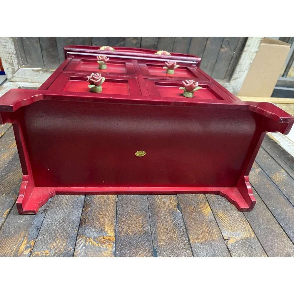 Set 2 Red Wood 4 Drawer Jewelry Chest With Resin Flowers And Trinket Photo Box